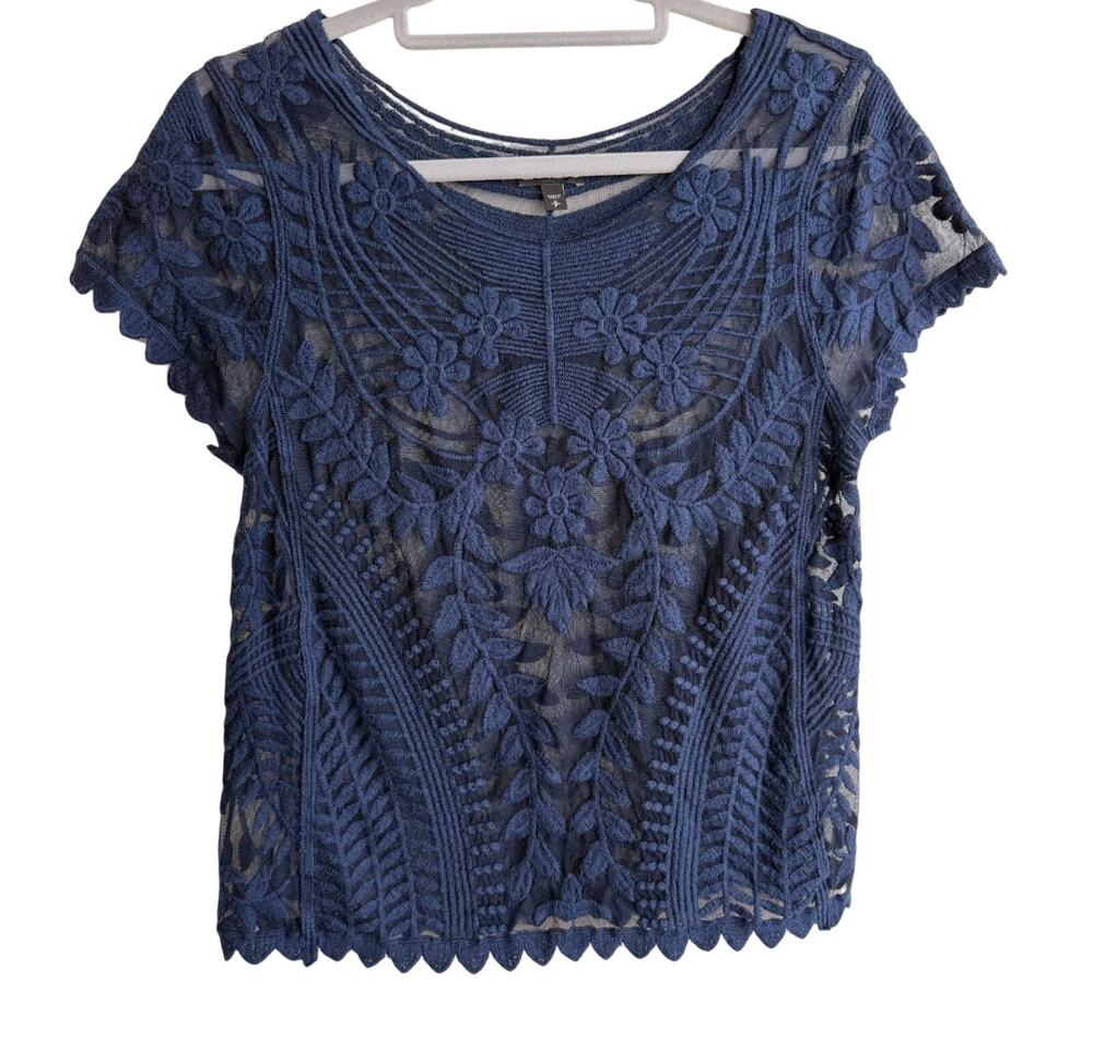 Express Navy Blue Lace Floral Sheer Blouse Top Womens Small Boho Chic